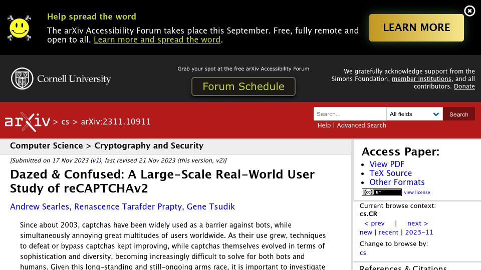 Screenshot of arxiv.org: Dazed and Confused: A Large-Scale Real-World User Study of ReCAPTCHAv (2023)