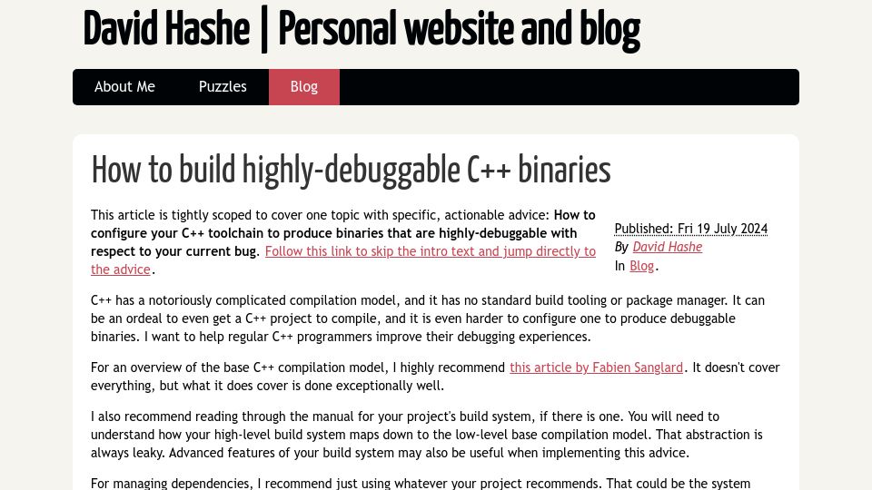 Screenshot of dhashe.com: How to build highly-debuggable C++ binaries