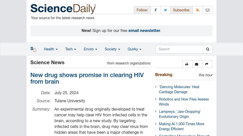 Screenshot of sciencedaily.com: New drug shows promise in clearing HIV from brain