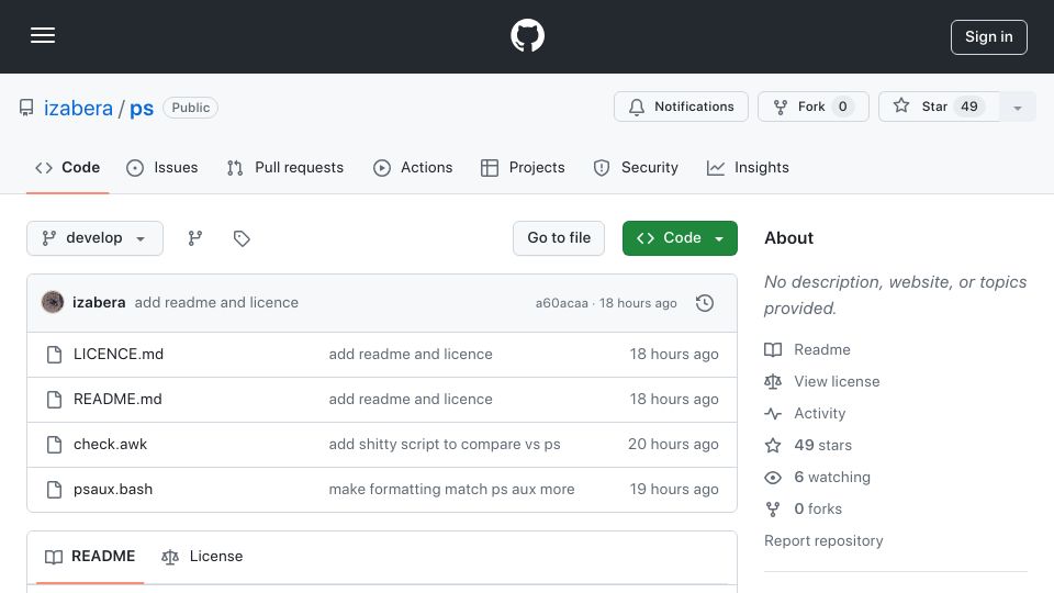 Screenshot of github.com: ps aux written in bash without forking