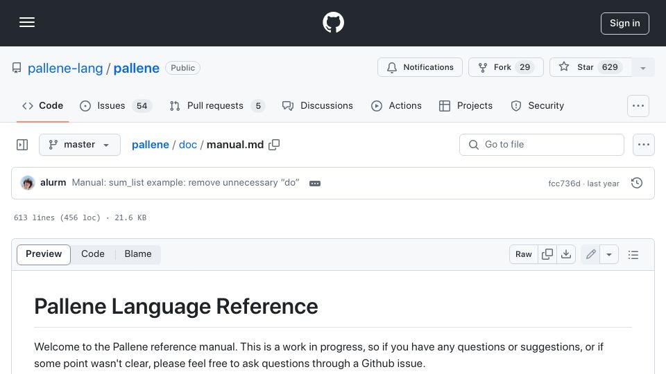 Screenshot of github.com: Pallene: A statically compiled companion language for Lua