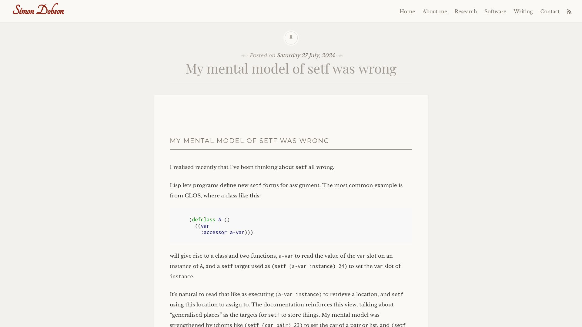 Screenshot of simondobson.org: My mental model of setf was wrong