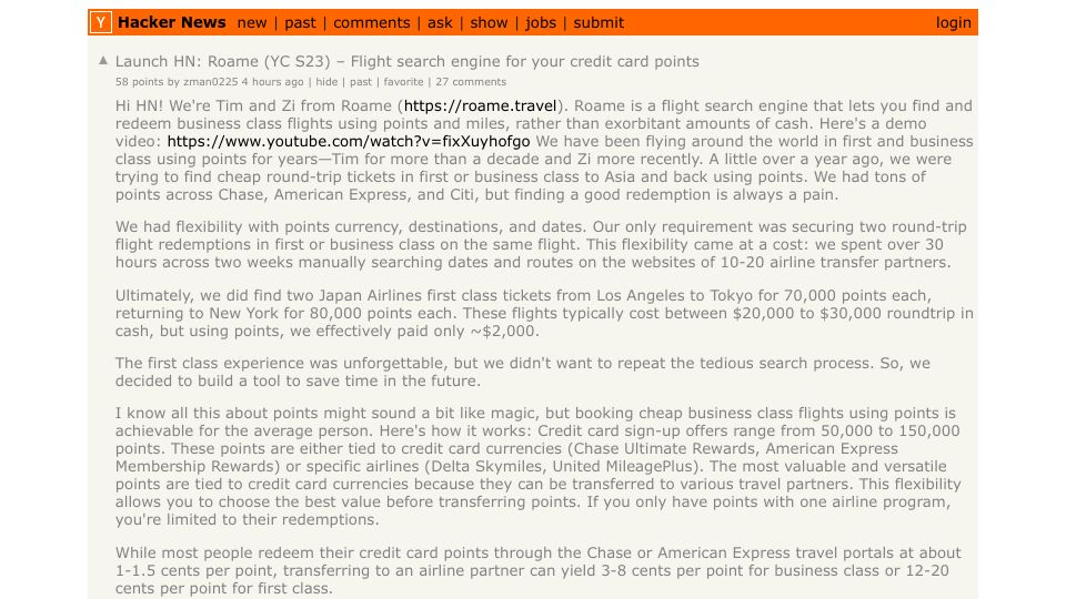 Screenshot of Hacker News post: Launch HN: Roame (YC S23) – Flight search engine for your credit card points