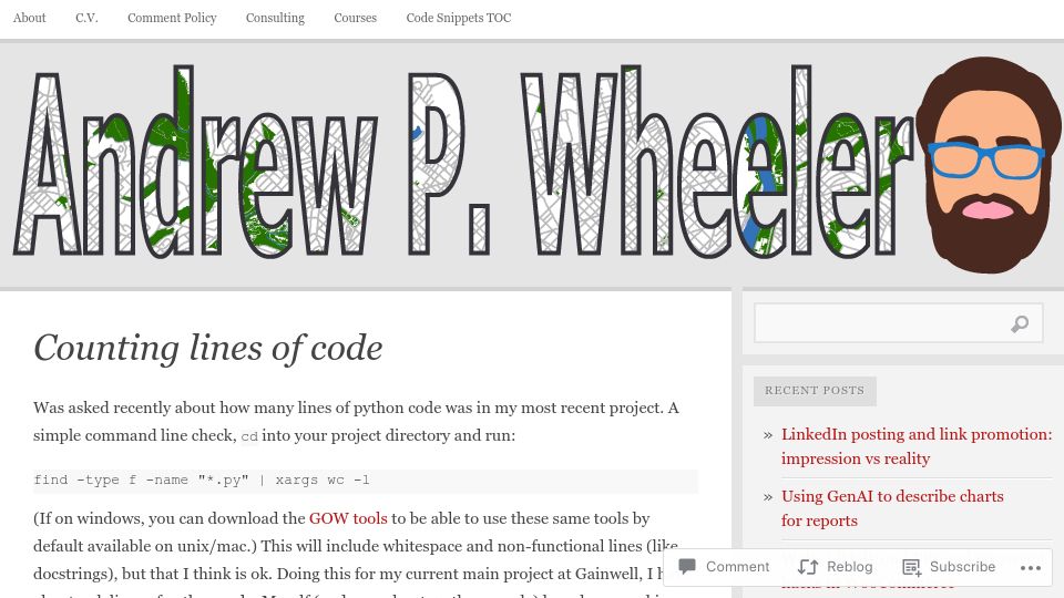 Screenshot of andrewpwheeler.com: Counting Lines of Code