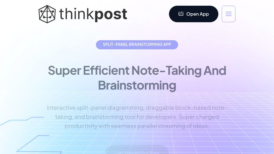 Screenshot of thinkpost.io: Show HN: ThinkPost – split-panel note taking & brainstorming app for devs