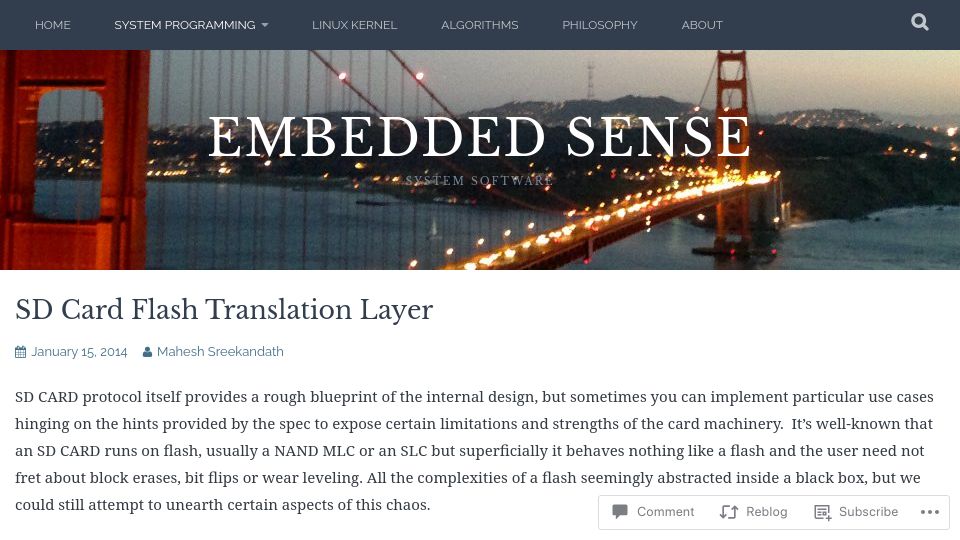 Screenshot of msreekan.com: SDcard wear leveling and translation layers (2014)