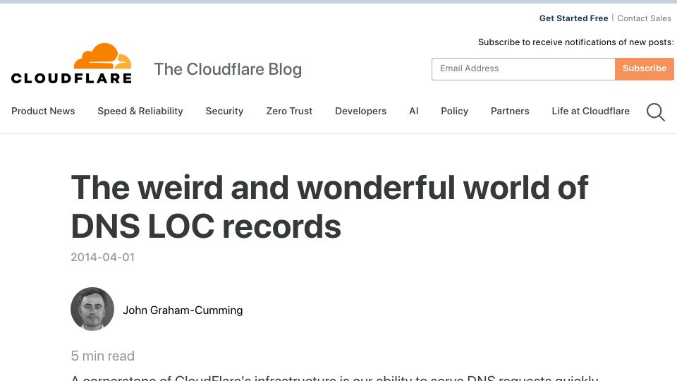 Screenshot of blog.cloudflare.com: The weird and wonderful world of DNS LOC records