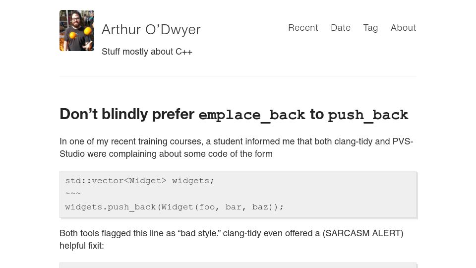 Screenshot of quuxplusone.github.io: Don't blindly prefer `emplace_back` to `push_back`