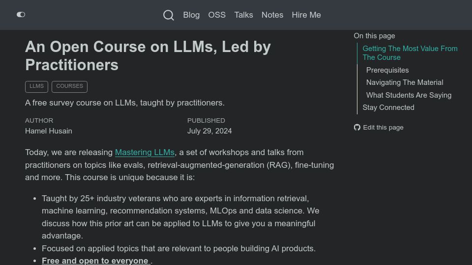 Screenshot of hamel.dev: An Open Course on LLMs, Led by Practitioners