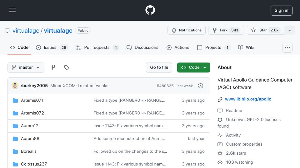 Screenshot of github.com: Virtual Apollo Guidance Computer