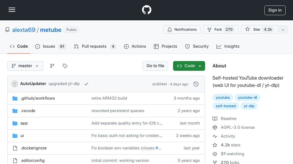 Screenshot of github.com: MeTube: Self-hosted YouTube downloader