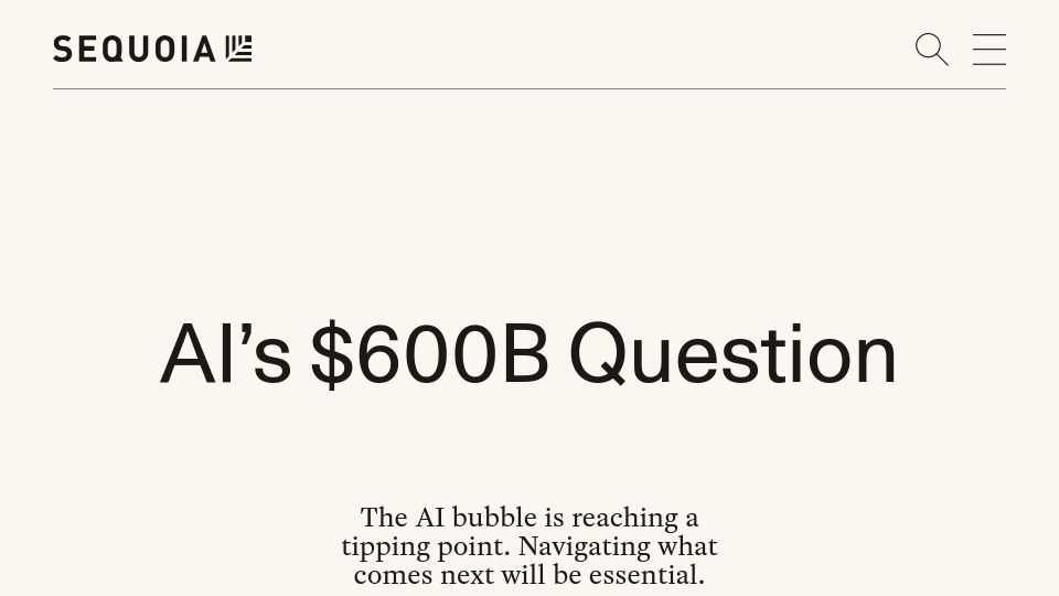 Screenshot of sequoiacap.com: AI's $600B Question