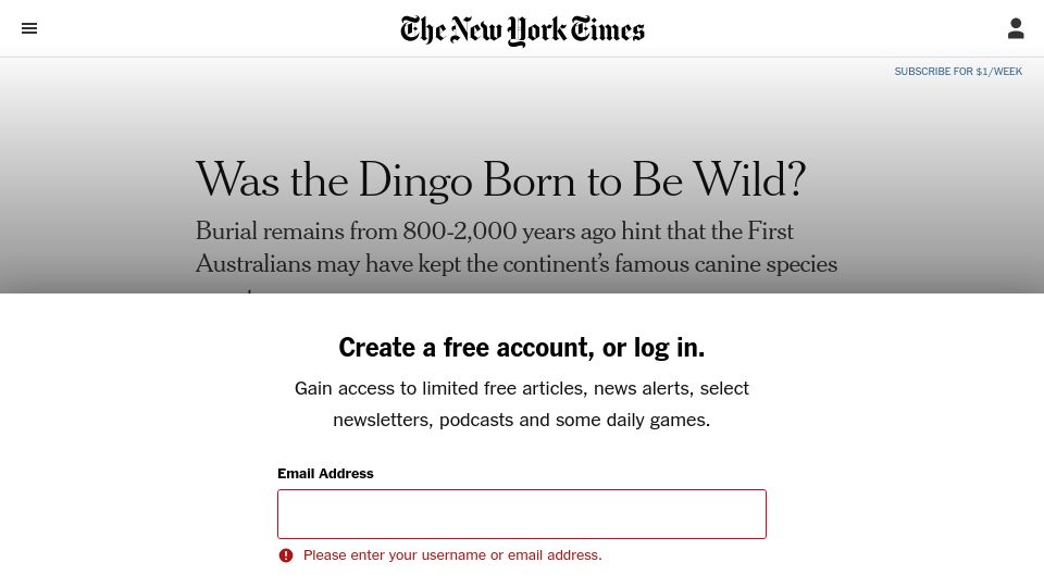 Screenshot of nytimes.com: Was the Dingo Born to Be Wild?