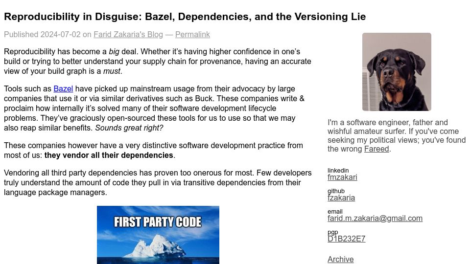 Screenshot of fzakaria.com: Reproducibility in Disguise