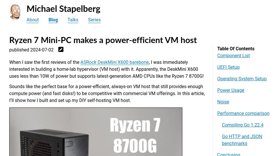 Screenshot of michael.stapelberg.ch: Ryzen 7 Mini-PC makes a power-efficient VM host
