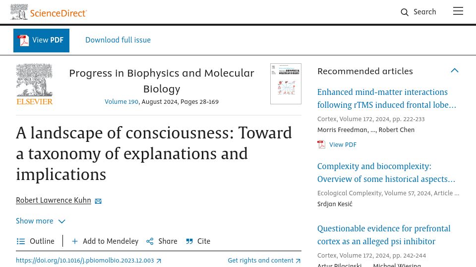 Screenshot of sciencedirect.com: A landscape of consciousness: Toward a taxonomy of explanations and implications