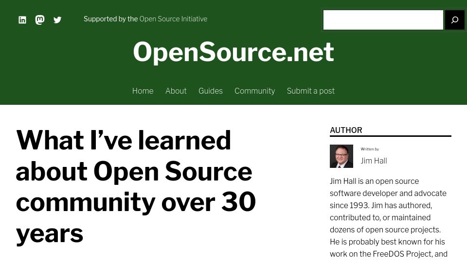 Screenshot of opensource.net: What I've learned about open source community over 30 years