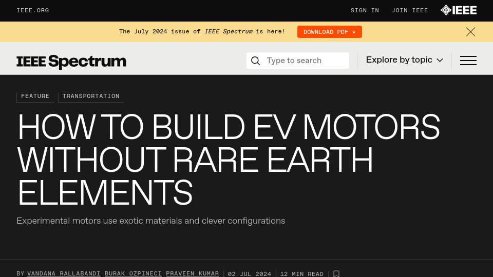Screenshot of spectrum.ieee.org: EV Motors Without Rare Earth Permanent Magnets