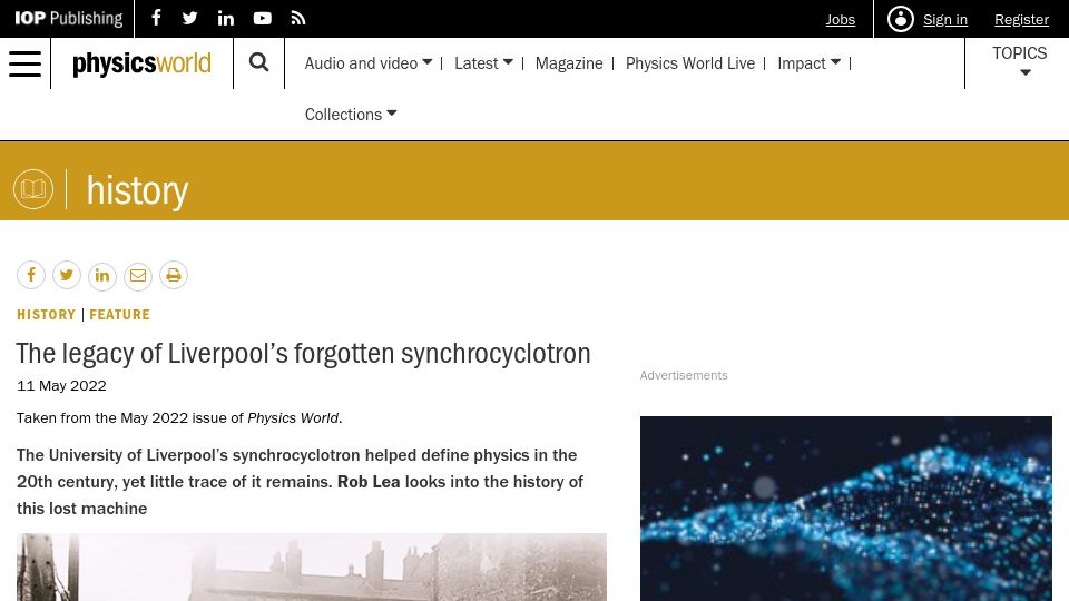 Screenshot of physicsworld.com: The legacy of Liverpool's forgotten synchrocyclotron