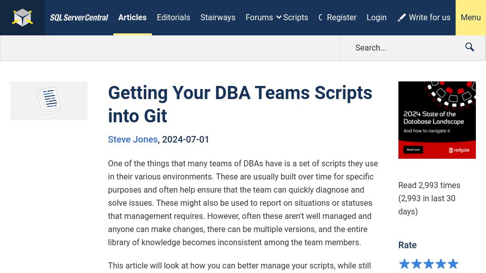 Screenshot of sqlservercentral.com: Getting Your DBA Teams Scripts into Git