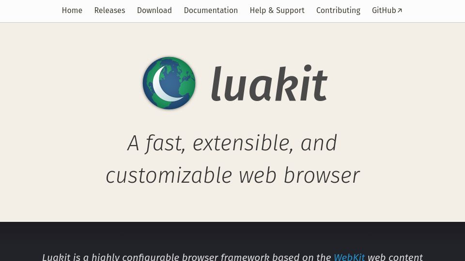 Screenshot of luakit.github.io: Luakit: A fast, extensible, and customizable web browser
