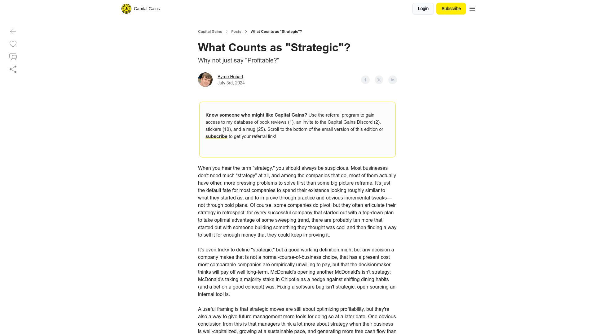Screenshot of capitalgains.thediff.co: What Counts as "Strategic"?