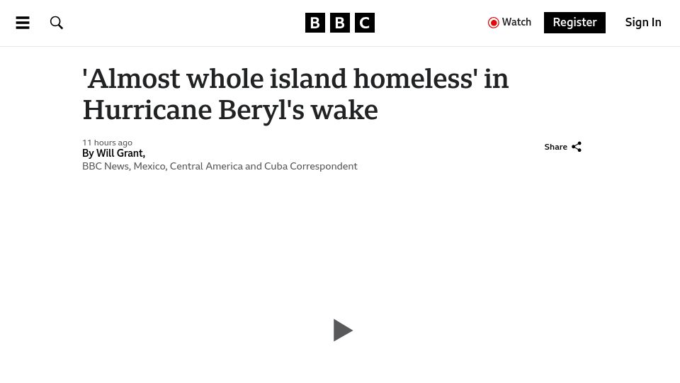 Screenshot of bbc.com: 'Almost whole island homeless' in Hurricane Beryl's wake