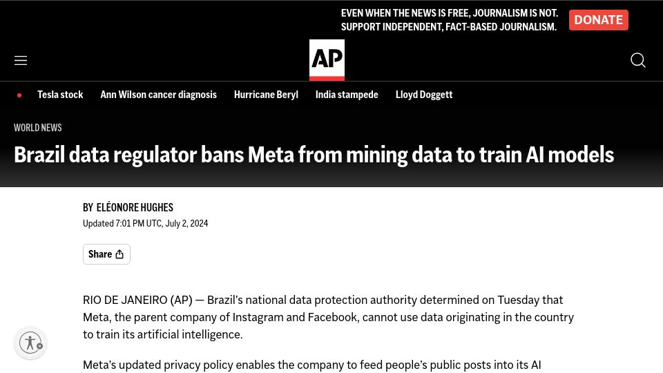 Screenshot of apnews.com: Brazil data regulator bans Meta from mining data to train AI models