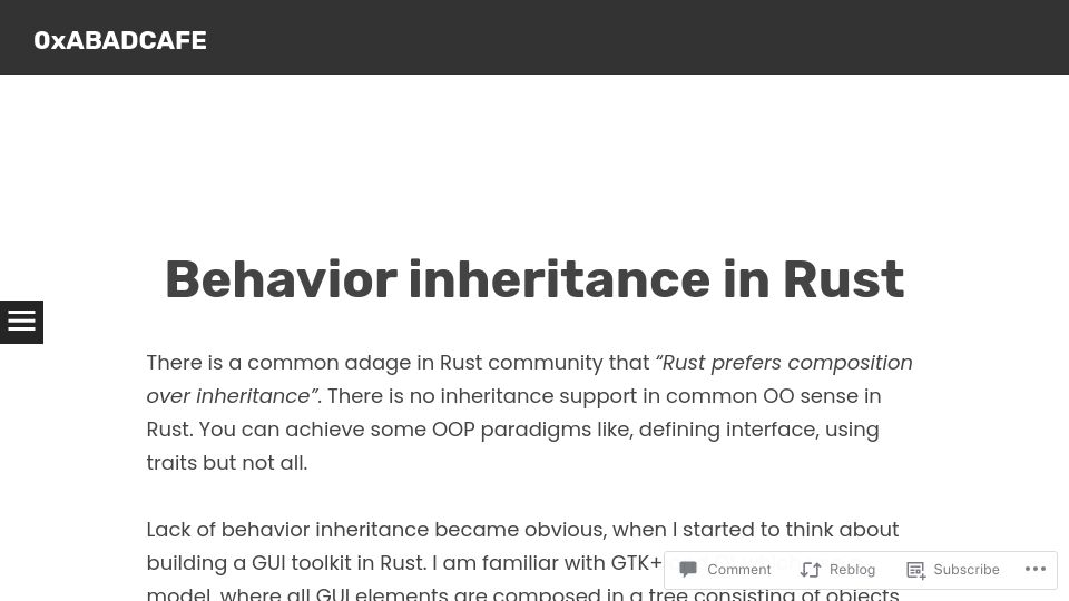 Screenshot of abadcafe.wordpress.com: Behavior Inheritance in Rust (2021)