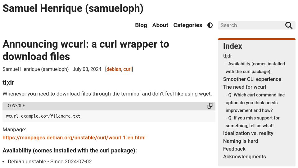 Screenshot of samueloph.dev: Wcurl: a curl wrapper to download files