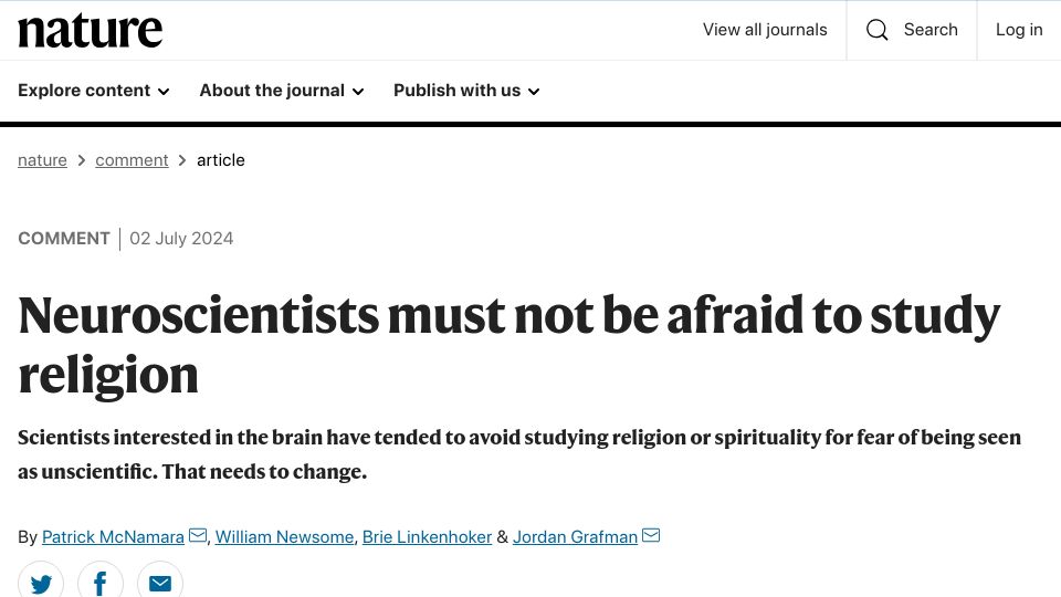 Screenshot of nature.com: Neuroscientists must not be afraid to study religion
