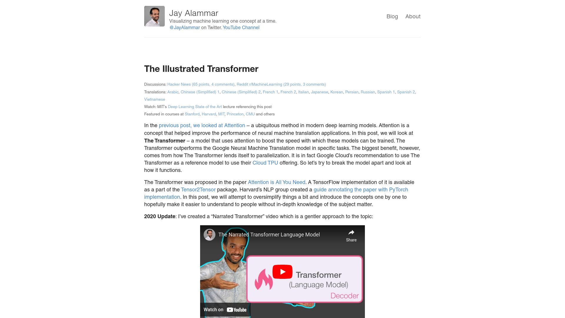 Screenshot of jalammar.github.io: The Illustrated Transformer (2018)