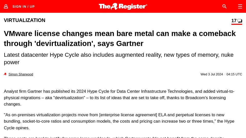 Screenshot of theregister.com: Bare metal can come back, says Gartner, citing VMware prices