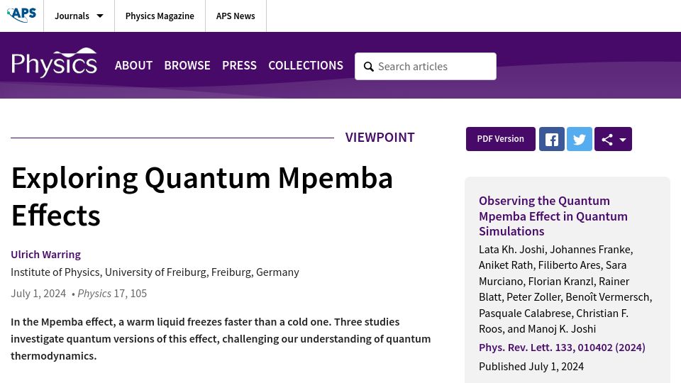 Screenshot of physics.aps.org: Exploring Quantum Mpemba Effects