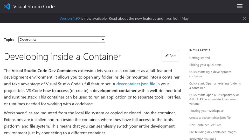 Screenshot of code.visualstudio.com: Developing Inside a Container