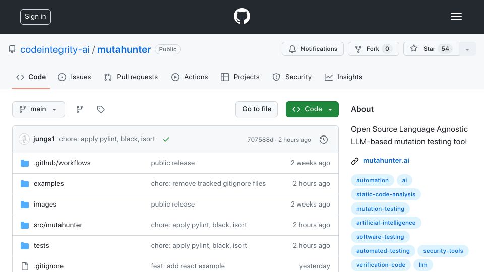Screenshot of github.com: Show HN: Mutahunter – LLMs to support mutating testing for all major languages