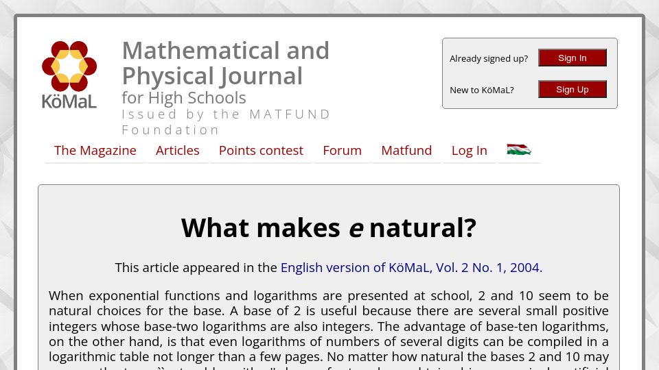 Screenshot of komal.hu: What makes e natural? (2004)