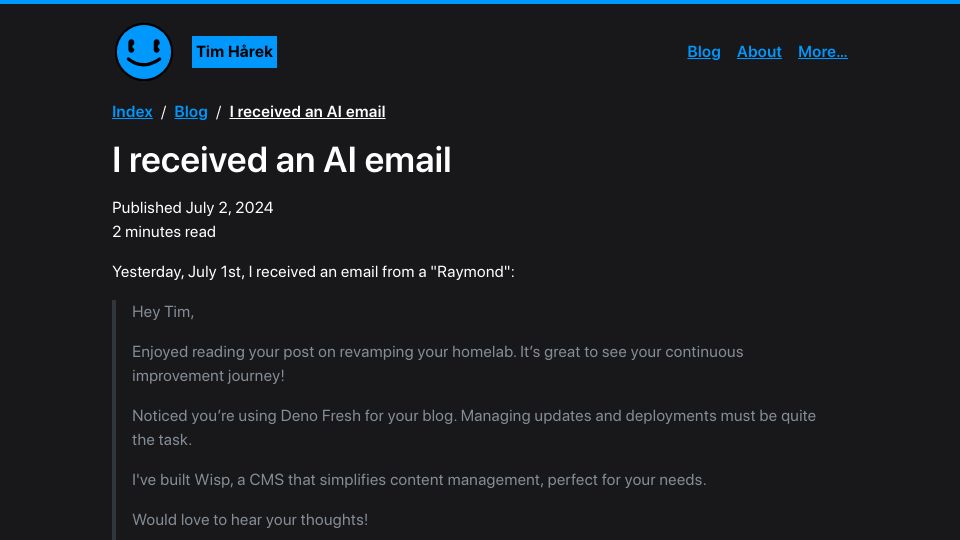 Screenshot of timharek.no: I Received an AI Email