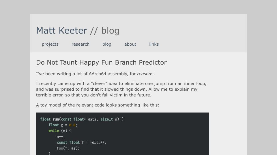 Screenshot of mattkeeter.com: Do not taunt happy fun branch predictor (2023)