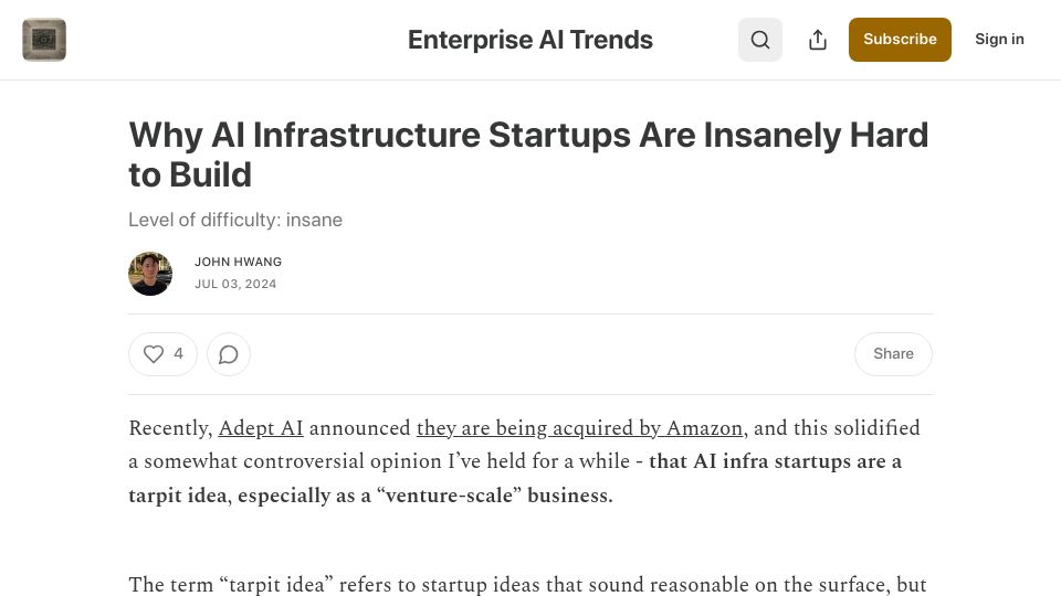 Screenshot of nextword.substack.com: Why AI Infrastructure Startups Are Insanely Hard to Build