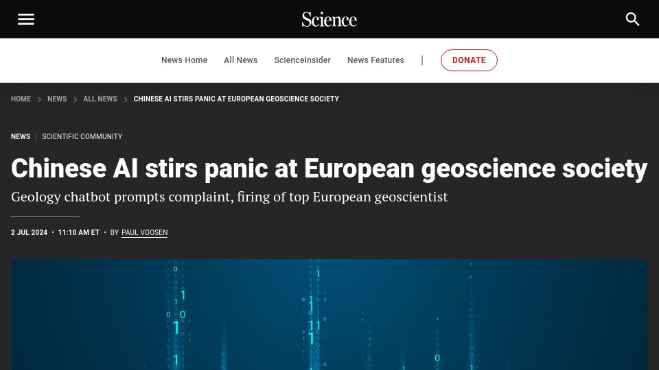 Screenshot of science.org: Chinese AI stirs panic at European geoscience society