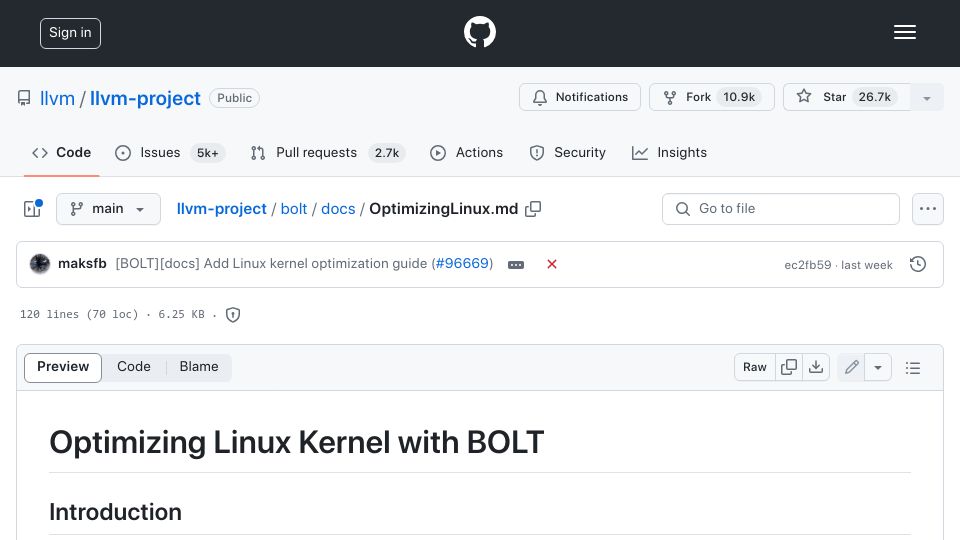 Screenshot of github.com: Guide on optimizing Linux kernel with BOLT