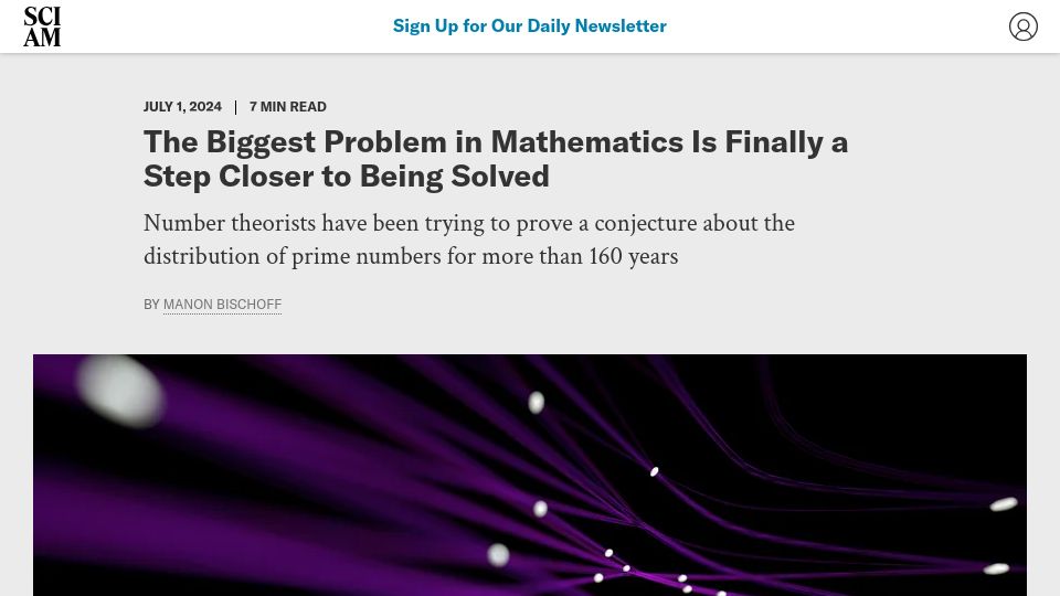 Screenshot of scientificamerican.com: The Biggest Problem in Mathematics Is Finally a Step Closer to Being Solved