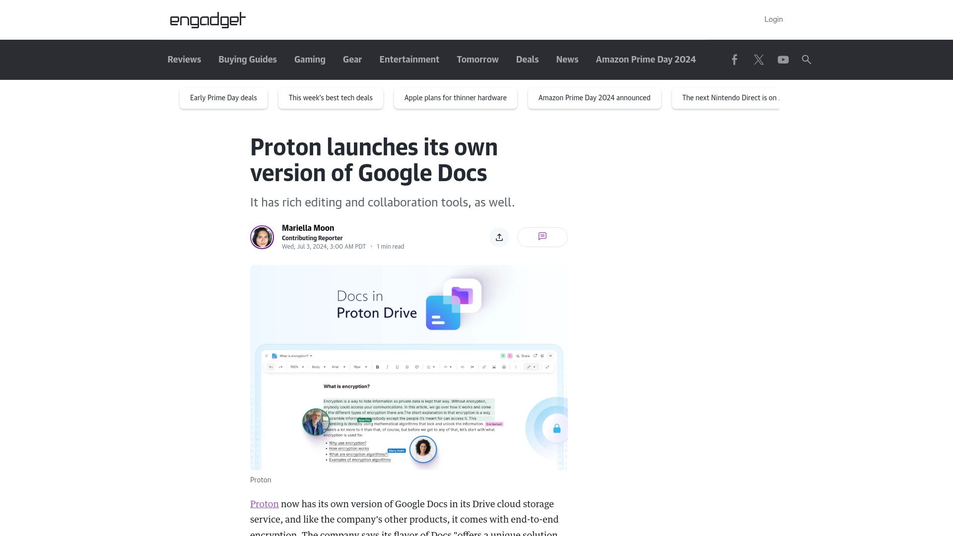 Screenshot of engadget.com: Proton launches its own version of Google Docs