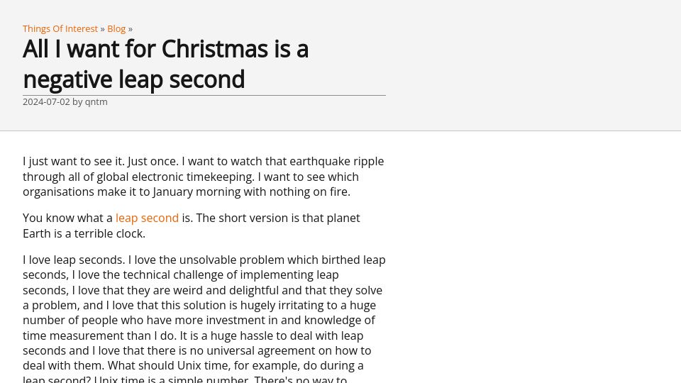 Screenshot of qntm.org: All I want for Christmas is a negative leap second