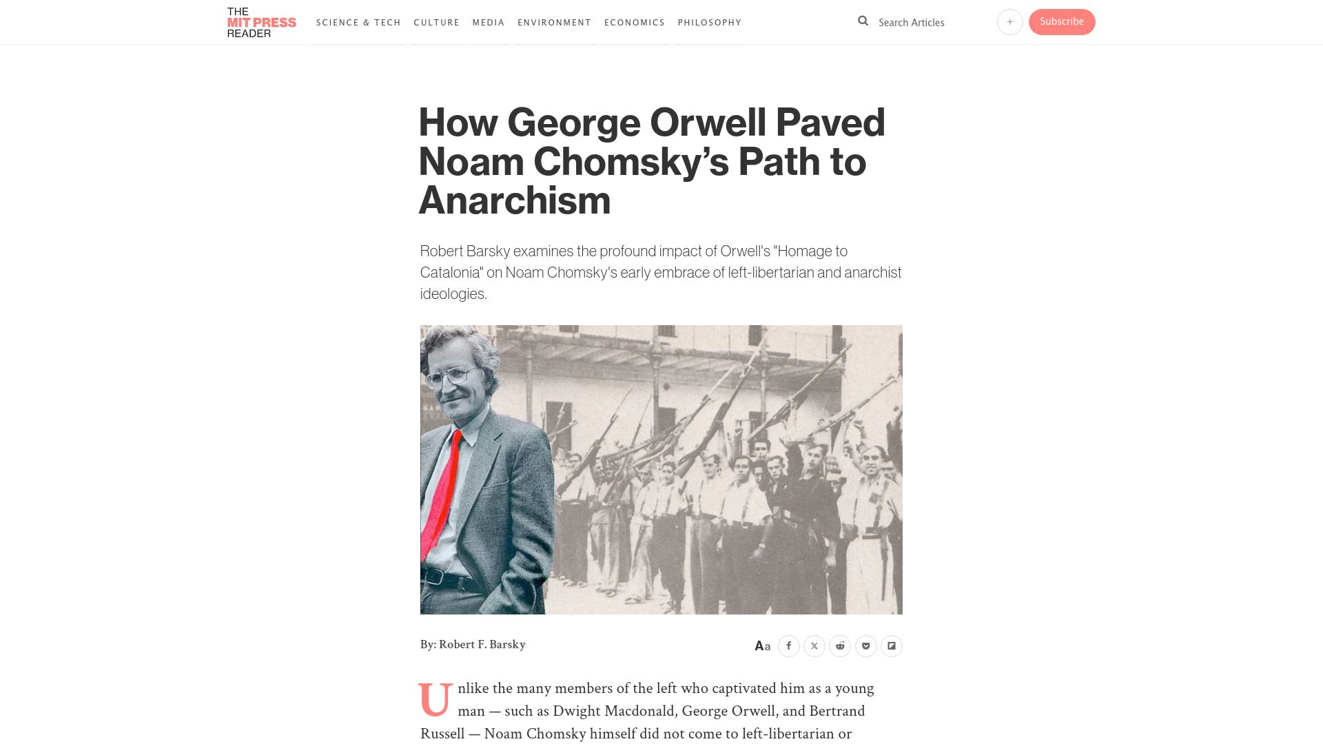 Screenshot of thereader.mitpress.mit.edu: The impact of Orwell's "Homage to Catalonia" on Noam Chomsky's path to anarchism