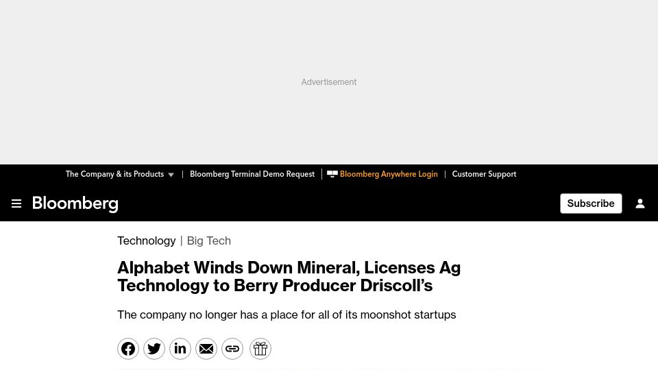 Screenshot of bloomberg.com: Alphabet Winds Down Mineral, Licenses Ag Technology to Berry Producer Driscoll's