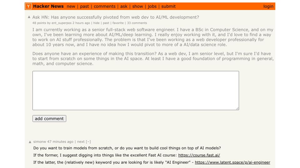 Screenshot of Hacker News post: Ask HN: Has anyone successfully pivoted from web dev to AI/ML development?