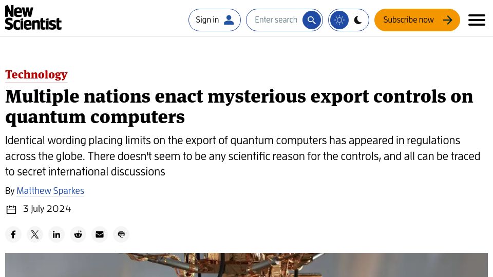 Screenshot of newscientist.com: Multiple nations enact mysterious export controls on quantum computers