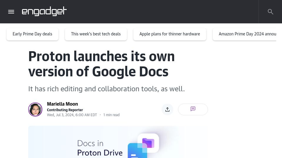 Screenshot of engadget.com: Proton launches its own version of Google Docs